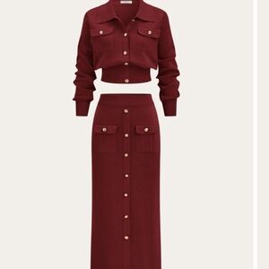 Commense Knit Skirt Set Merlot with Button Down L NWT